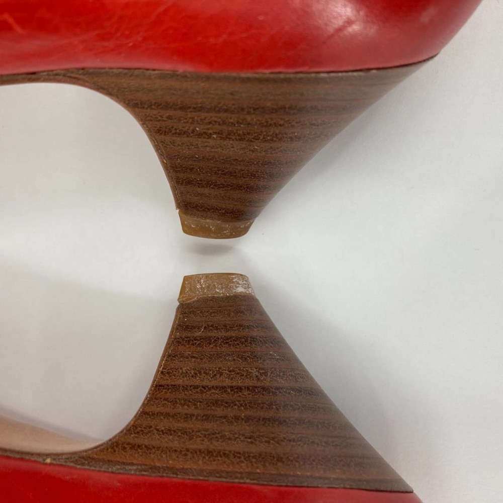 Vintage 80s Red Leather Wood Stacked Kitten Heel Pumps - Picture 8 of 14